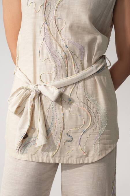 Orthodox_Beige Cotton Embroidery Collared Aari Zardozi Top _at_Aza_Fashions