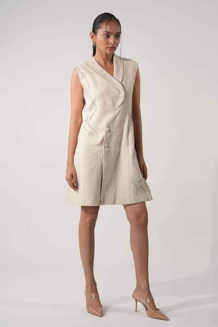 Orthodox Beige Cotton Embroidery Asymmetric Aari Zardozi Blazer Dress 