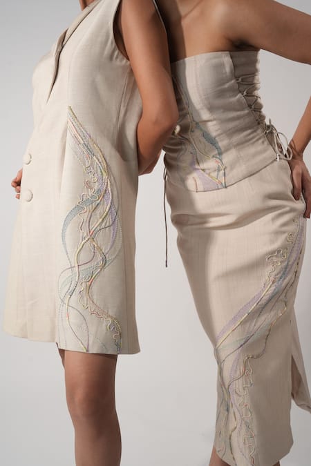 Buy_Orthodox_Beige Cotton Embroidery Asymmetric Aari Zardozi Blazer Dress_Online_at_Aza_Fashions