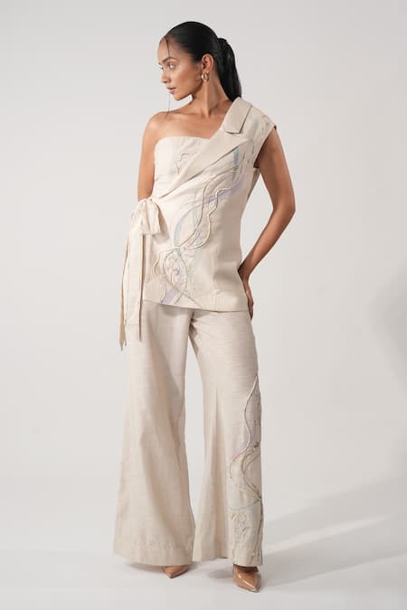 Orthodox Beige Cotton Embroidery Asymmetric Aari Zardozi Half Jacket 