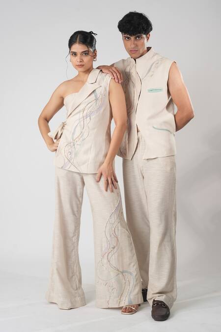 Orthodox_Beige Cotton Embroidery Asymmetric Aari Zardozi Half Jacket _Online_at_Aza_Fashions