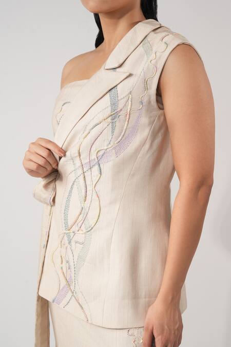 Buy_Orthodox_Beige Cotton Embroidery Asymmetric Aari Zardozi Half Jacket _Online_at_Aza_Fashions