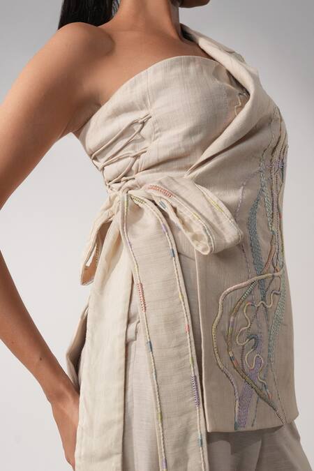 Shop_Orthodox_Beige Cotton Embroidery Asymmetric Aari Zardozi Half Jacket _Online_at_Aza_Fashions