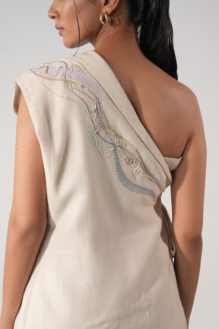 Shop_Orthodox_Beige Cotton Embroidery Asymmetric Aari Zardozi Half Jacket _at_Aza_Fashions