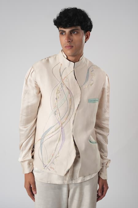 Buy_Orthodox_Beige Cotton Embroidery Designer Aari Zardozi Bundi_Online_at_Aza_Fashions