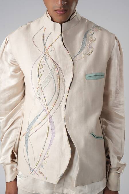 Shop_Orthodox_Beige Cotton Embroidery Designer Aari Zardozi Bundi_Online_at_Aza_Fashions