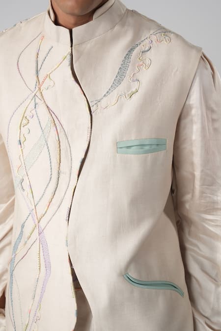 Orthodox_Beige Cotton Embroidery Designer Aari Zardozi Bundi_at_Aza_Fashions