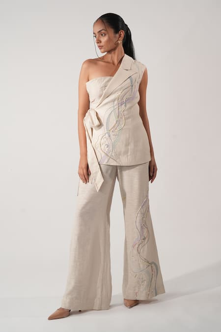 Orthodox Beige Cotton Embroidery Prairie Aari Zardozi Trouser 