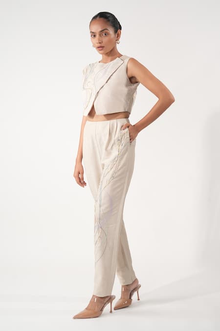 Orthodox Beige Cotton Embroidery Golden Blade Trouser 