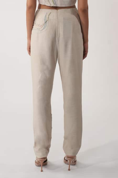 Orthodox_Beige Cotton Embroidery Golden Blade Trouser _Online_at_Aza_Fashions
