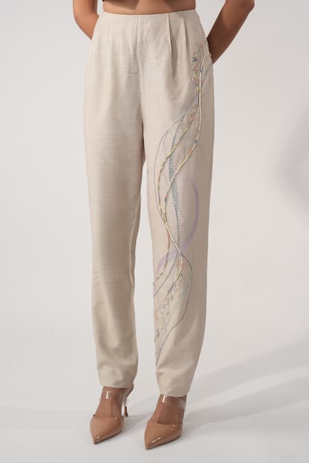 Buy_Orthodox_Beige Cotton Embroidery Golden Blade Trouser _Online_at_Aza_Fashions