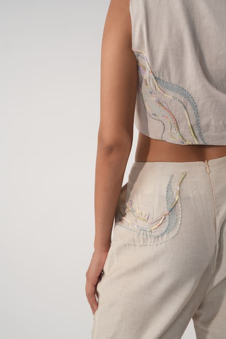 Shop_Orthodox_Beige Cotton Embroidery Golden Blade Trouser _Online_at_Aza_Fashions