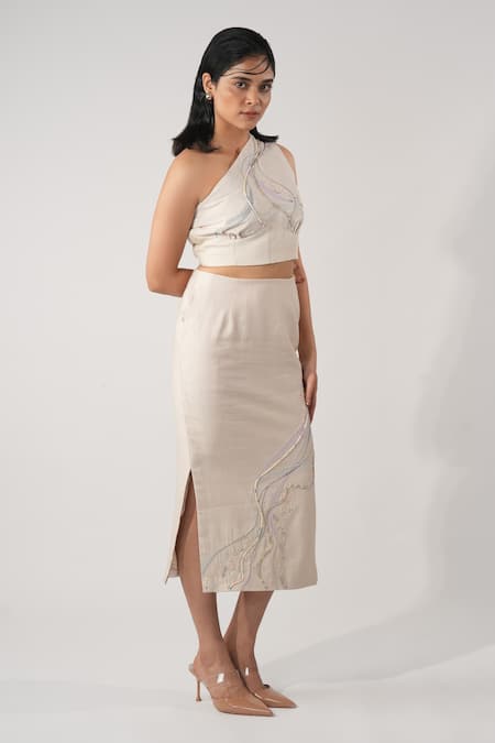 Orthodox Beige Cotton Embroidery Aari Zardozi Midi Skirt 