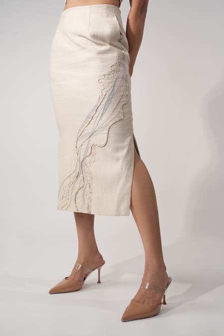 Orthodox_Beige Cotton Embroidery Aari Zardozi Midi Skirt _Online_at_Aza_Fashions