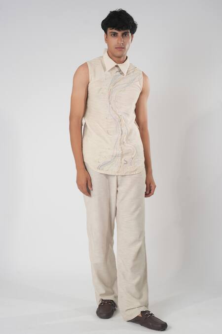 Orthodox_Beige Cotton Embroidery Earthy Aari Zardozi Trouser _at_Aza_Fashions