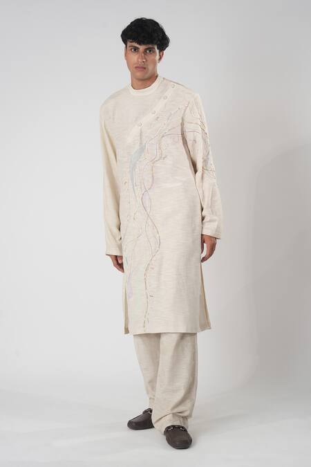 Orthodox_Beige Cotton Embroidery Aari Zardozi Kurta_Online_at_Aza_Fashions