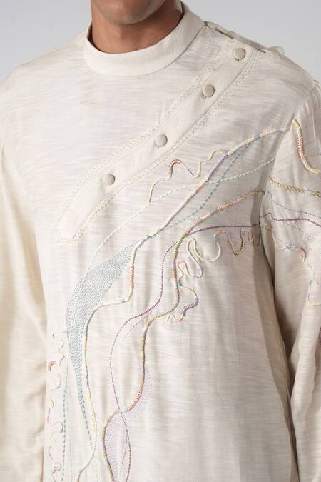 Buy_Orthodox_Beige Cotton Embroidery Aari Zardozi Kurta_Online_at_Aza_Fashions