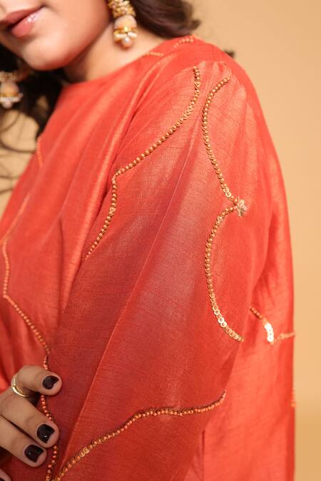 Myra Clothing Line_Orange Satin Sequins, Embroidery Round Neck Kurta Set _Online_at_Aza_Fashions