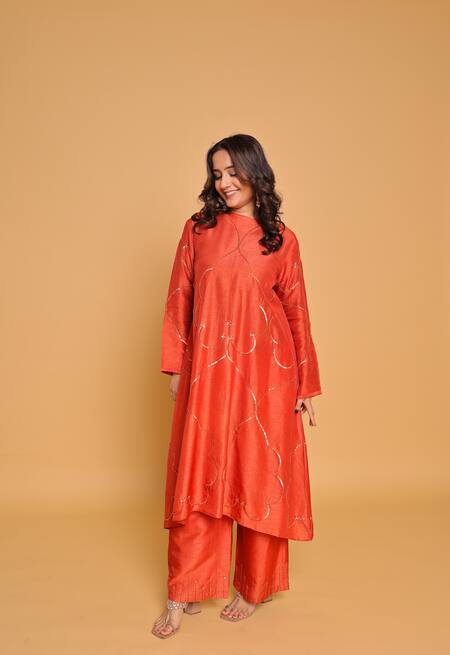 Myra Clothing Line_Orange Satin Sequins, Embroidery Round Neck Kurta Set _at_Aza_Fashions