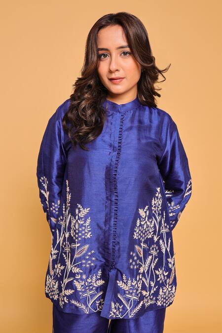 Buy_Myra Clothing Line_Navy Cotton Embroidery Mandarin Collar Blue Kurta Pant Set _Online_at_Aza_Fashions