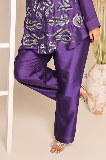 Myra Clothing Line_Purple Crepe Embroidery Collared Kurta Set _Online_at_Aza_Fashions