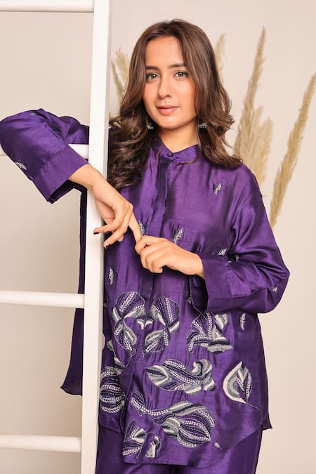 Buy_Myra Clothing Line_Purple Crepe Embroidery Collared Kurta Set _Online_at_Aza_Fashions