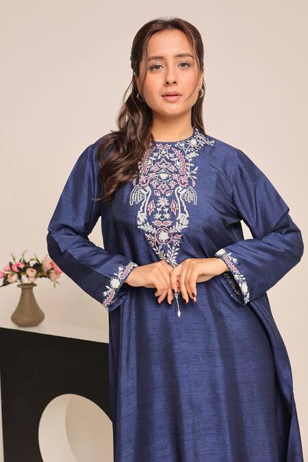 Shop_Myra Clothing Line_Navy Crepe Embroidery Round Neck Blue Kurta Set _Online_at_Aza_Fashions