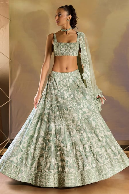 Shop Mishru Green Organza, Tulle Sequins, Embroidery Square Neck Vridi Lehenga Set at Aza Fashions Shop_Mishru_Green Organza, Tulle Sequins, Embroidery Square Neck Vridi Lehenga Set _at_Aza_Fashions