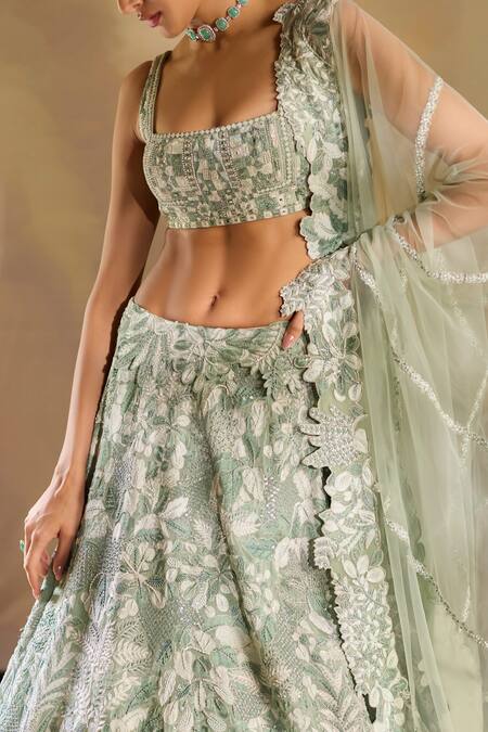 Mishru Green Organza, Tulle Sequins, Embroidery Square Neck Vridi Lehenga Set at Aza Fashions Mishru_Green Organza, Tulle Sequins, Embroidery Square Neck Vridi Lehenga Set _at_Aza_Fashions