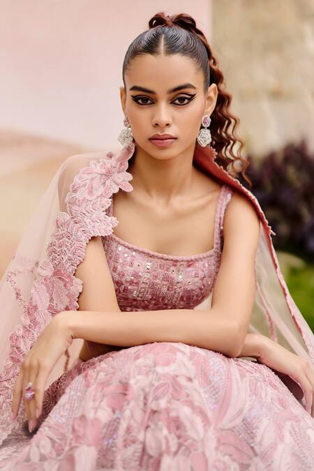 Mishru Pink Organza, Tulle Sequins, Beads, Embroidery Muted Designer Lehenga Set Online at Aza Fashions Mishru_Pink Organza, Tulle Sequins, Beads, Embroidery Muted Designer Lehenga Set _Online_at_Aza_Fashions