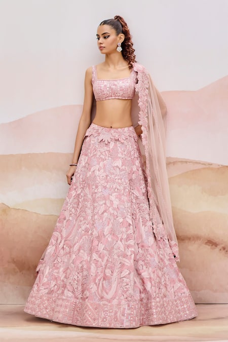 Shop Mishru Pink Organza, Tulle Sequins, Beads, Embroidery Muted Designer Lehenga Set at Aza Fashions Shop_Mishru_Pink Organza, Tulle Sequins, Beads, Embroidery Muted Designer Lehenga Set _at_Aza_Fashions