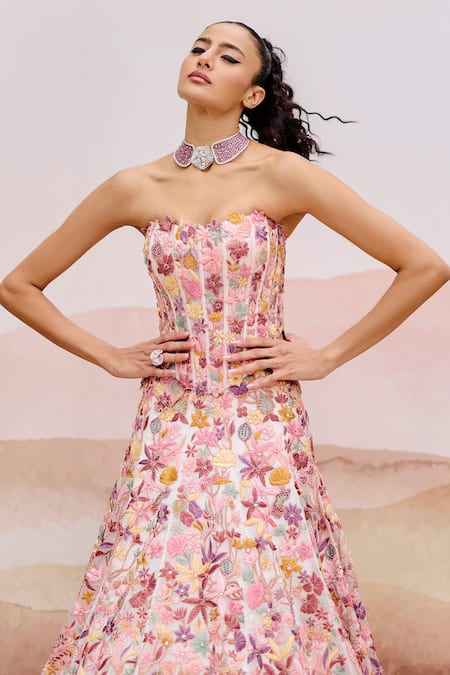 Shop Mishru Pink Organza, Tulle Embroidery Square Neck Edel Floral Lehenga Set at Aza Fashions Shop_Mishru_Pink Organza, Tulle Embroidery Square Neck Edel Floral Lehenga Set _at_Aza_Fashions