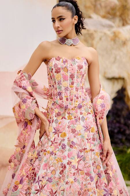 Mishru Pink Organza, Tulle Embroidery Square Neck Edel Floral Lehenga Set Online at Aza Fashions Mishru_Pink Organza, Tulle Embroidery Square Neck Edel Floral Lehenga Set _Online_at_Aza_Fashions