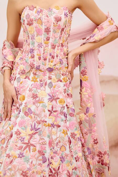 Buy Mishru Pink Organza, Tulle Embroidery Square Neck Edel Floral Lehenga Set Online at Aza Fashions Buy_Mishru_Pink Organza, Tulle Embroidery Square Neck Edel Floral Lehenga Set _Online_at_Aza_Fashions