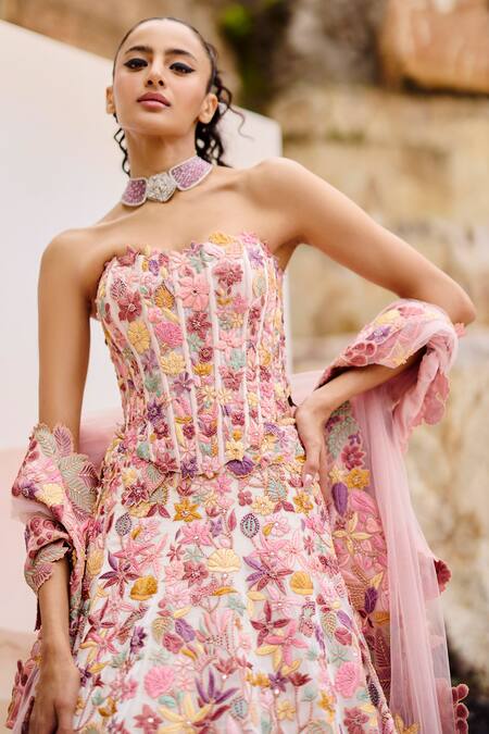 Shop Mishru Pink Organza, Tulle Embroidery Square Neck Edel Floral Lehenga Set Online at Aza Fashions Shop_Mishru_Pink Organza, Tulle Embroidery Square Neck Edel Floral Lehenga Set _Online_at_Aza_Fashions