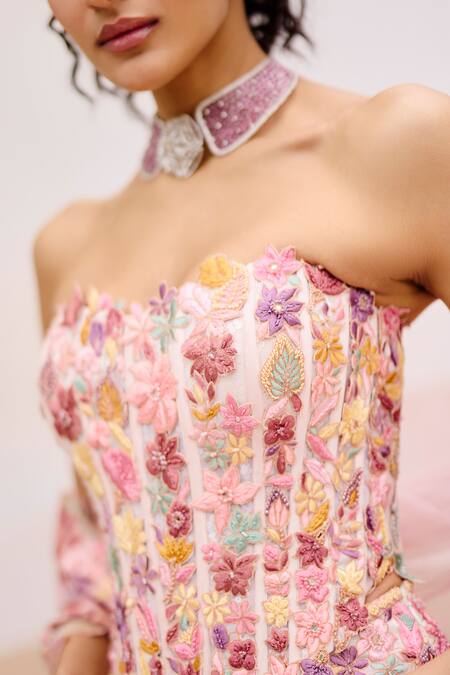 Mishru Pink Organza, Tulle Embroidery Square Neck Edel Floral Lehenga Set at Aza Fashions Mishru_Pink Organza, Tulle Embroidery Square Neck Edel Floral Lehenga Set _at_Aza_Fashions