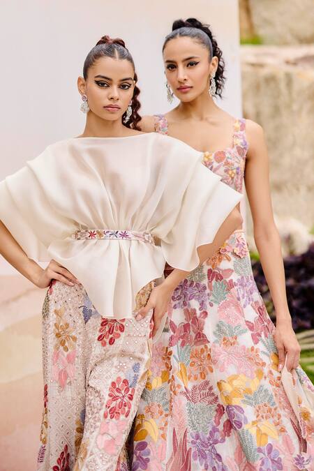 Mishru Ivory Organza, Tulle Embroidery Round Neck Designer Thistle Pants Set Online at Aza Fashions Mishru_Ivory Organza, Tulle Embroidery Round Neck Designer Thistle Pants Set _Online_at_Aza_Fashions