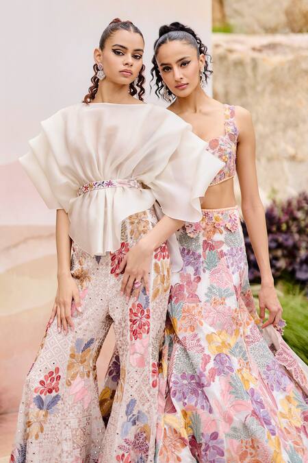 Shop Mishru Ivory Organza, Tulle Embroidery Round Neck Designer Thistle Pants Set Online at Aza Fashions Shop_Mishru_Ivory Organza, Tulle Embroidery Round Neck Designer Thistle Pants Set _Online_at_Aza_Fashions