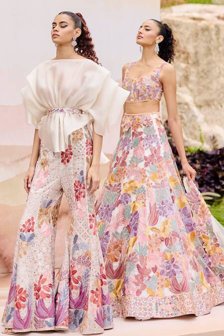 Mishru Ivory Organza, Tulle Embroidery Round Neck Designer Thistle Pants Set at Aza Fashions Mishru_Ivory Organza, Tulle Embroidery Round Neck Designer Thistle Pants Set _at_Aza_Fashions