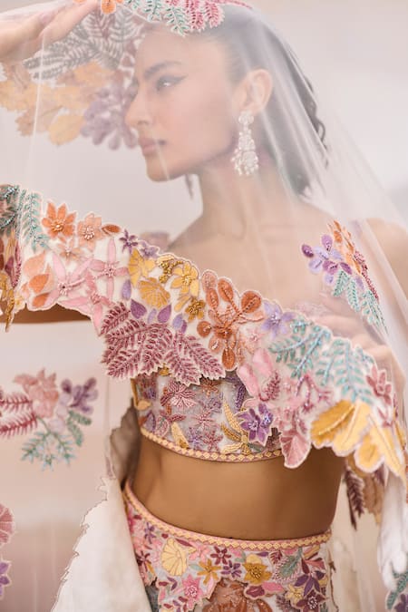 Shop Mishru Ivory Organza, Tulle Embroidery Square Neck Wisteria Floral Lehenga Set Online at Aza Fashions Shop_Mishru_Ivory Organza, Tulle Embroidery Square Neck Wisteria Floral Lehenga Set _Online_at_Aza_Fashions