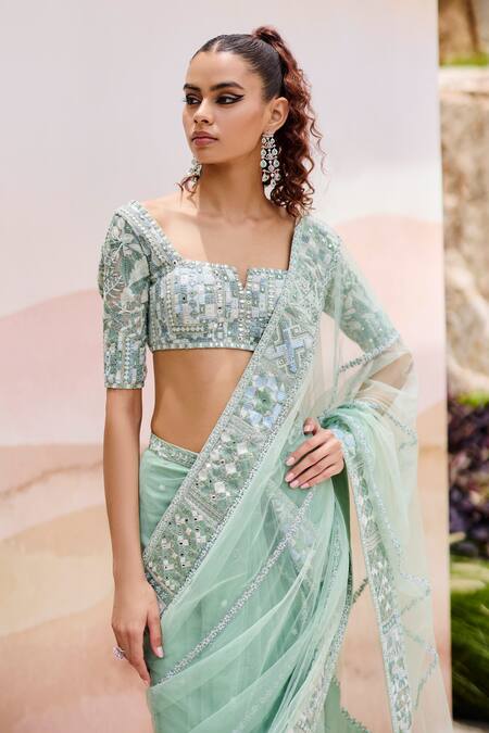 Buy_Mishru_Green Tulle Sequins, Embroidery, Beads Square Neck Silene Designer Saree Set _Online_at_Aza_Fashions