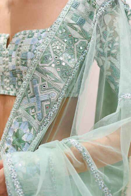 Shop_Mishru_Green Tulle Sequins, Embroidery, Beads Square Neck Silene Designer Saree Set _Online_at_Aza_Fashions