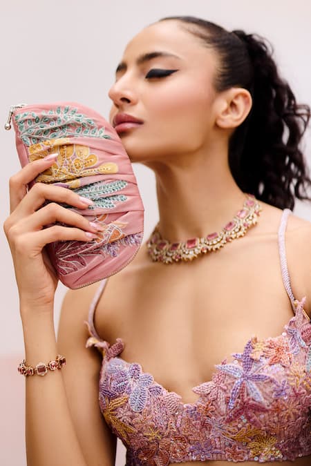 Buy Mishru Pink Organza, Tulle Sequins, Embroidery V-neck Freesia Lehenga Set Online at Aza Fashions Buy_Mishru_Pink Organza, Tulle Sequins, Embroidery V-neck Freesia Lehenga Set _Online_at_Aza_Fashions