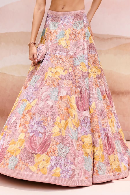 Shop Mishru Pink Organza, Tulle Sequins, Embroidery V-neck Freesia Lehenga Set Online at Aza Fashions Shop_Mishru_Pink Organza, Tulle Sequins, Embroidery V-neck Freesia Lehenga Set _Online_at_Aza_Fashions