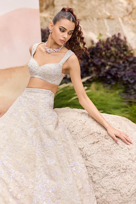 Buy Mishru Ivory Organza, Tulle Sequins, Embroidery Sweetheart Neck Mahonia Lehenga Set Online at Aza Fashions Buy_Mishru_Ivory Organza, Tulle Sequins, Embroidery Sweetheart Neck Mahonia Lehenga Set _Online_at_Aza_Fashions