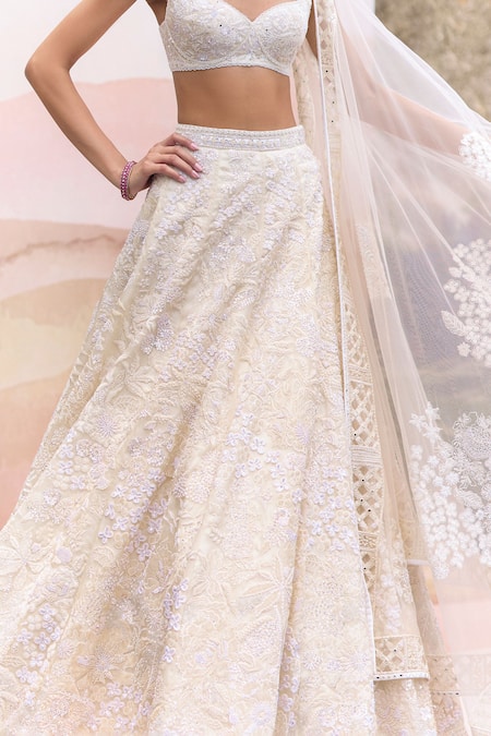 Shop Mishru Ivory Organza, Tulle Sequins, Embroidery Sweetheart Neck Mahonia Lehenga Set Online at Aza Fashions Shop_Mishru_Ivory Organza, Tulle Sequins, Embroidery Sweetheart Neck Mahonia Lehenga Set _Online_at_Aza_Fashions