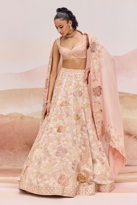 Shop Mishru Gold Organza, Silk Embroidery, Sequins Round Neck Pylora Lehenga Set at Aza Fashions Shop_Mishru_Gold Organza, Silk Embroidery, Sequins Round Neck Pylora Lehenga Set _at_Aza_Fashions