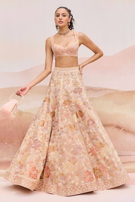 Mishru Gold Organza, Silk Embroidery, Sequins Round Neck Pylora Lehenga Set Online at Aza Fashions Mishru_Gold Organza, Silk Embroidery, Sequins Round Neck Pylora Lehenga Set _Online_at_Aza_Fashions