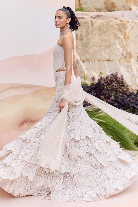 Shop Mishru Ivory Tulle Embroidery, Applique Sweetheart Neck Josie Lehenga Set at Aza Fashions Shop_Mishru_Ivory Tulle Embroidery, Applique Sweetheart Neck Josie Lehenga Set _at_Aza_Fashions