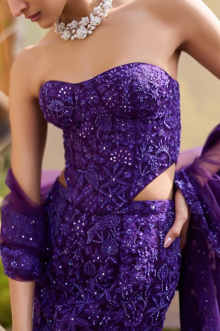 Mishru Purple Tulle Sequins, Beads, Embroidery Sweetheart Neck Fusion Lehenga Set Online at Aza Fashions Mishru_Purple Tulle Sequins, Beads, Embroidery Sweetheart Neck Fusion Lehenga Set _Online_at_Aza_Fashions